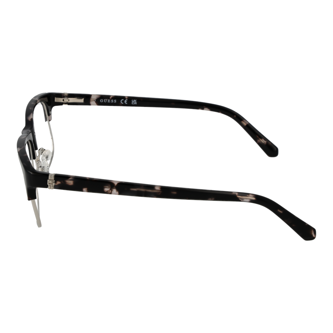 Unisex black and beige tortoiseshell semi-rim eyeglasses with rectangular lenses and metal nose pads