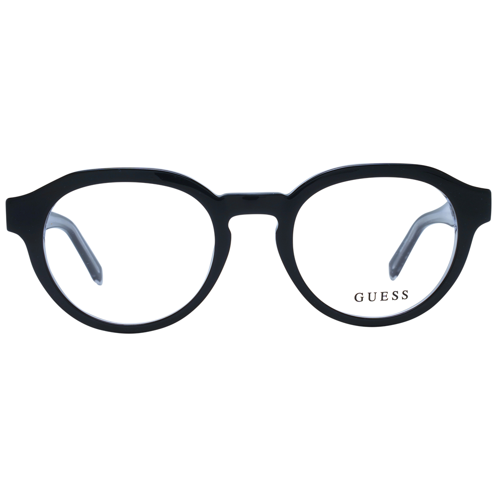 Unisex black round eyeglasses in plastic frame with clear inner edges and metal temple logo, front three-quarter view