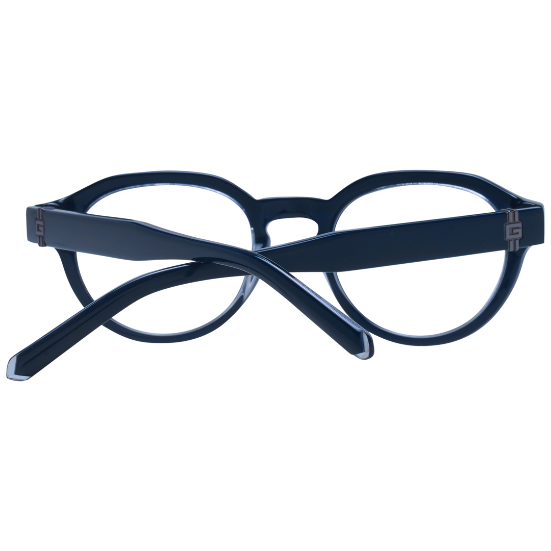 Unisex Guess black round plastic eyeglasses with clear lenses and logo-detail temples, front three-quarter view