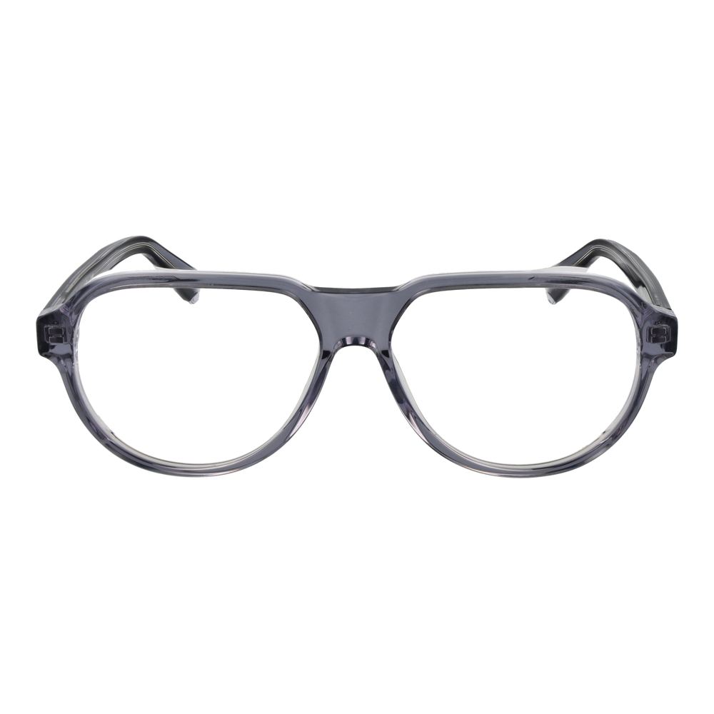 Transparent gray full-rim rectangular Unisex eyeglasses in plastic shown front and three-quarter view