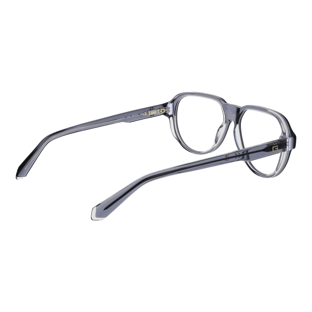 Transparent gray full-rim rectangular Unisex eyeglasses in plastic shown front and three-quarter view