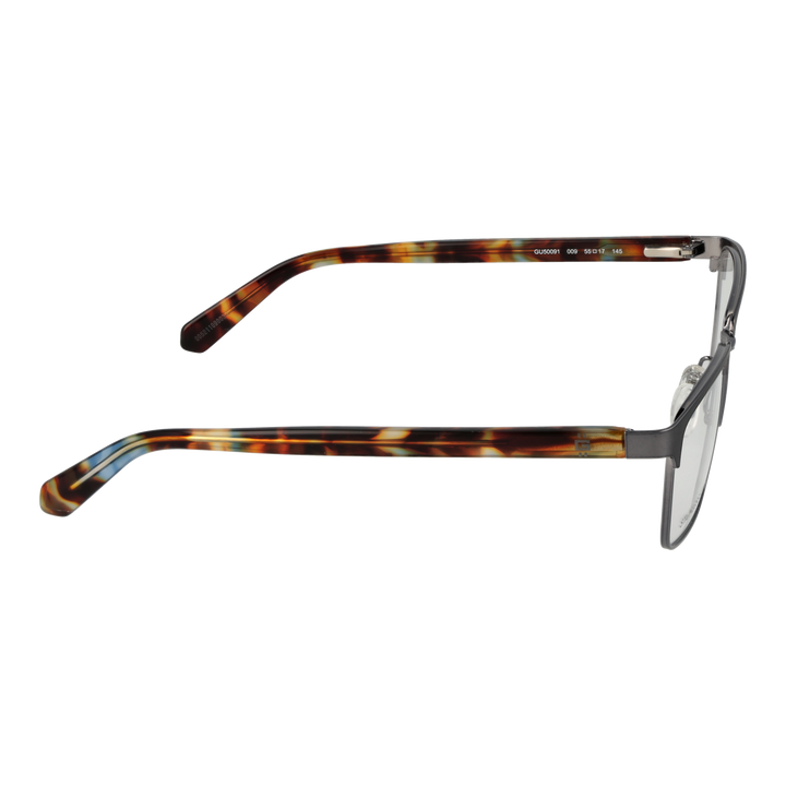 Unisex semi-rimless eyeglasses in gunmetal front with tortoiseshell patterned plastic temples, rectangular lenses, nose pads