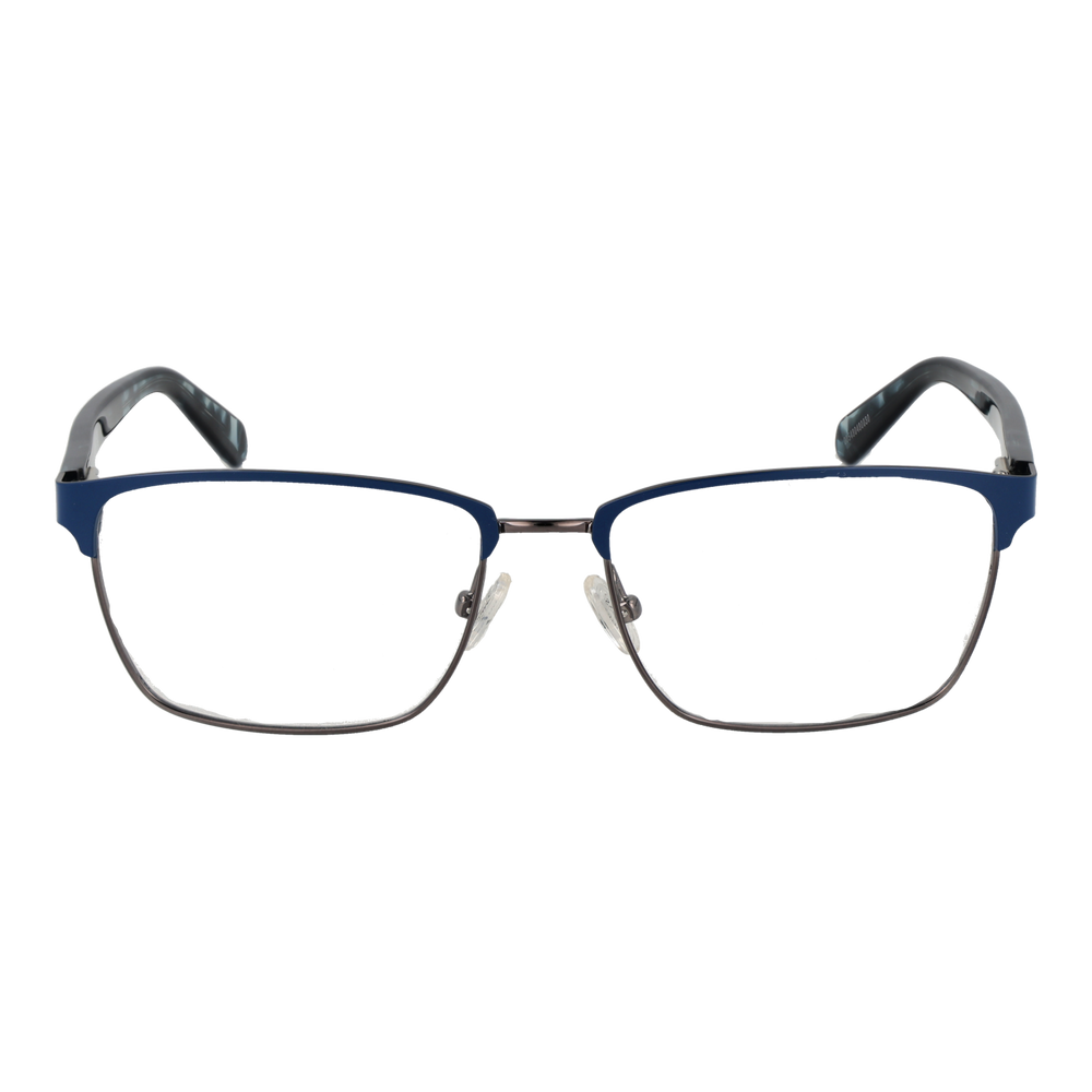 Unisex blue and black semi-rimless eyeglasses with rectangular lenses, silver bridge, patterned temple tips