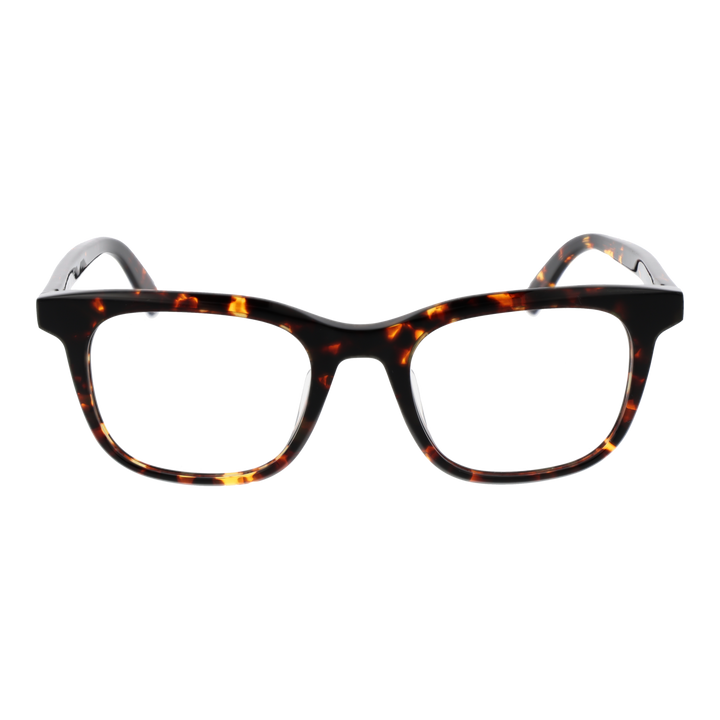 Tortoiseshell full-rim rectangular eyeglasses in brown and amber with logo on temple, front three-quarter view