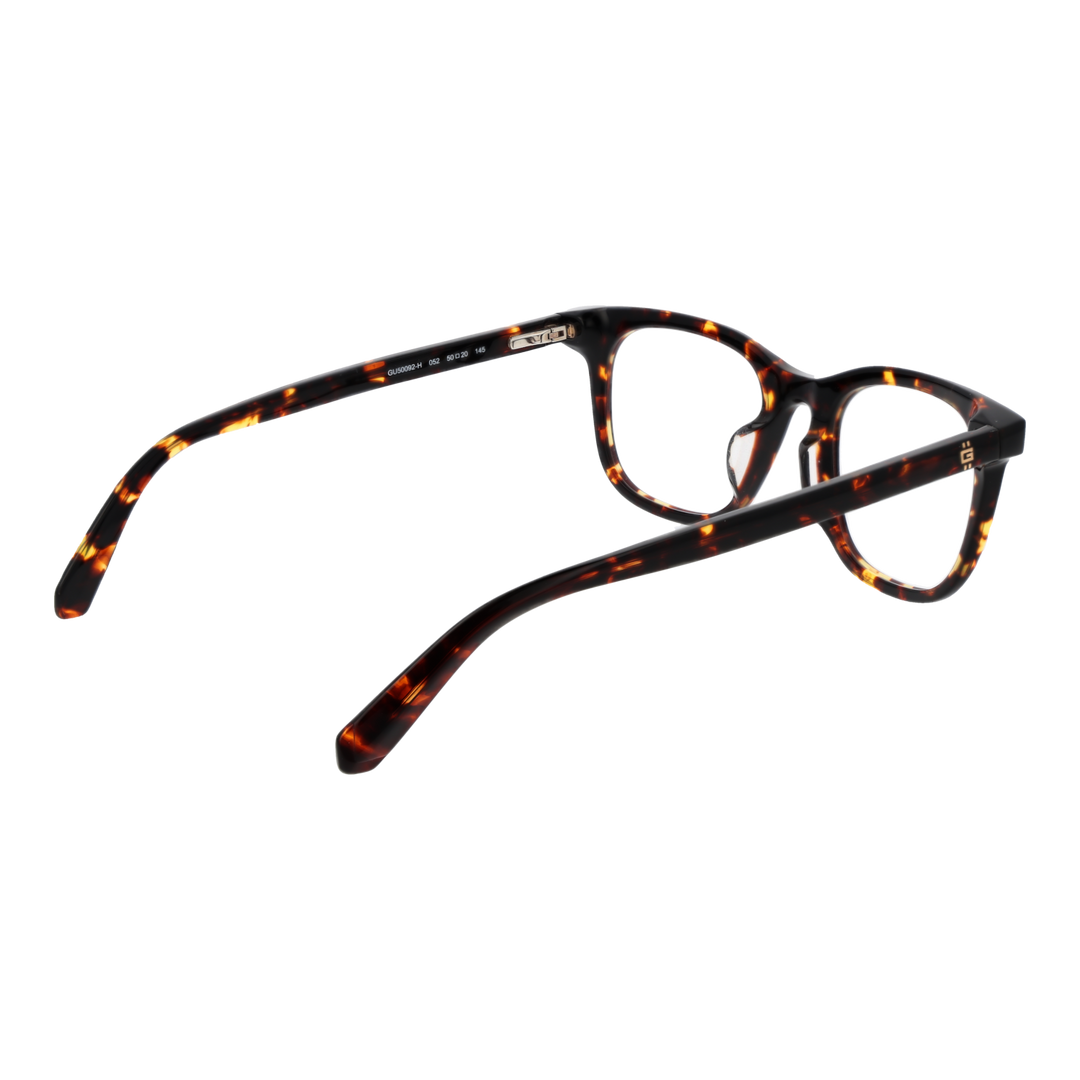 Tortoiseshell full-rim rectangular eyeglasses in brown and amber with logo on temple, front three-quarter view
