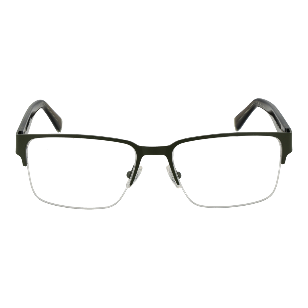 Unisex semi-rimless eyeglasses in green and brown metal and plastic with rectangular lenses and nose pads