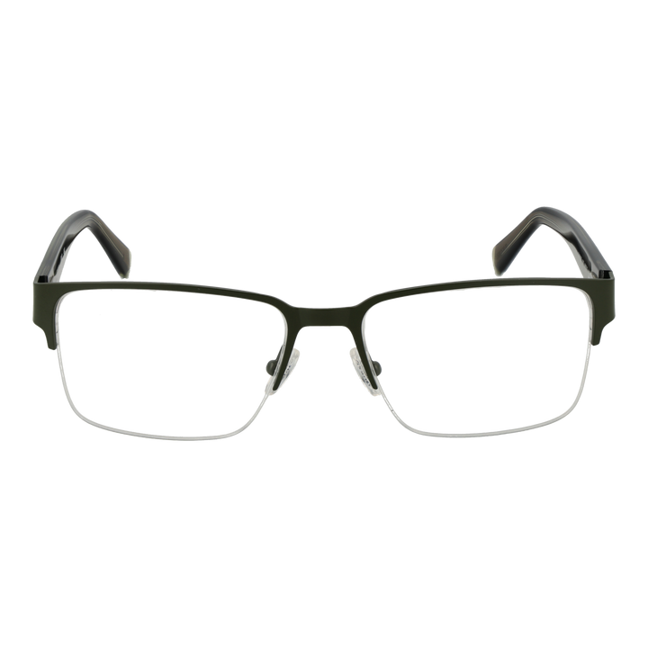 Unisex semi-rimless eyeglasses in green and brown metal and plastic with rectangular lenses and nose pads