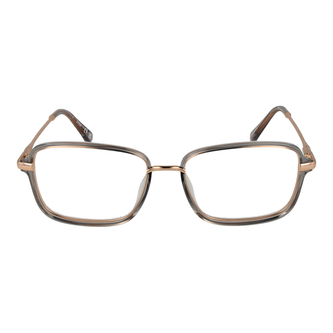 Transparent rectangular eyeglasses with clear front and thin gold metal temples on white background