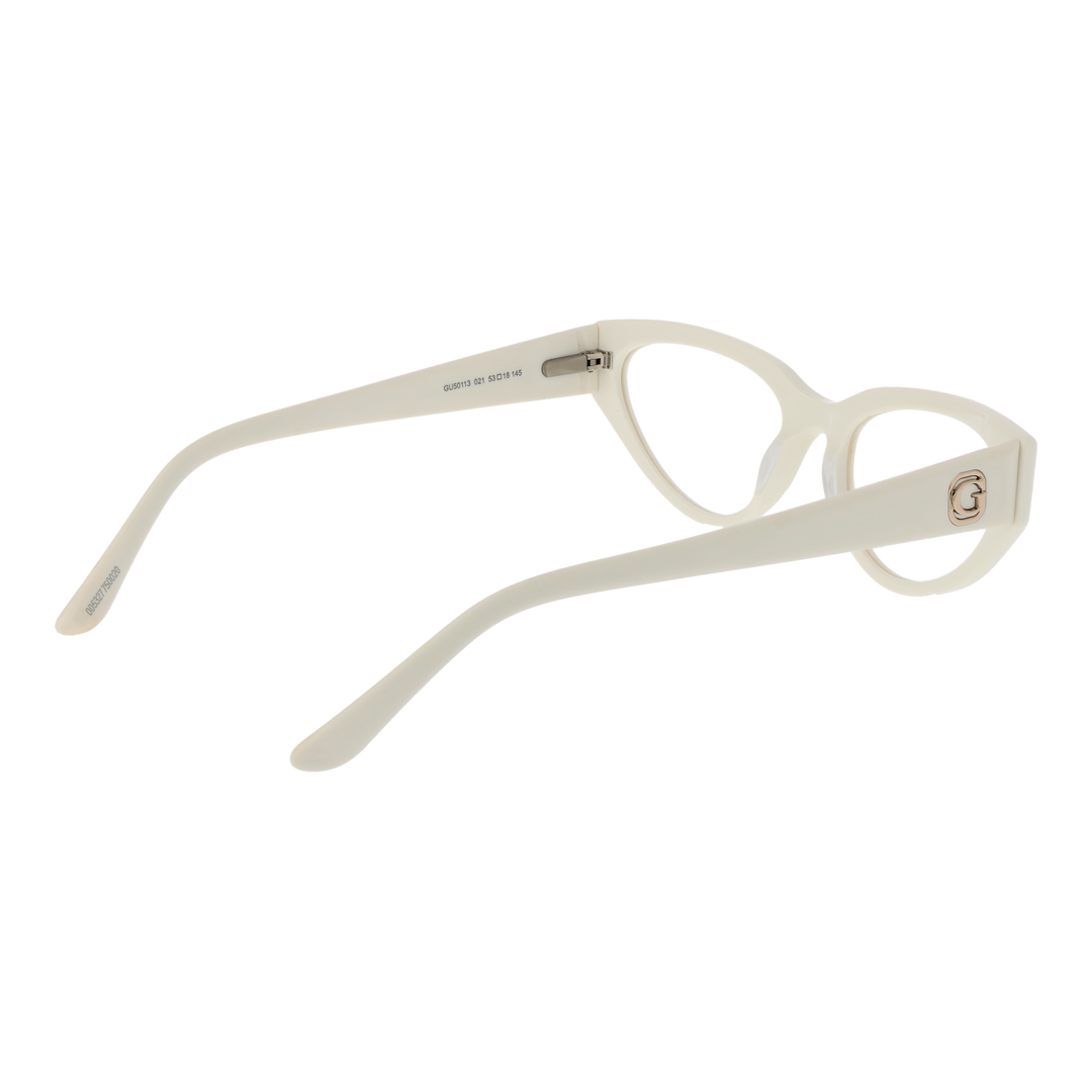 Off-white plastic cat-eye eyeglasses for Women with upswept frames and logo temples, shown three-quarter view.