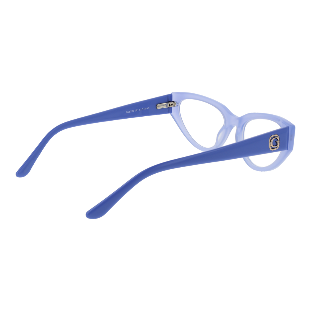 Blue plastic cat-eye eyeglasses for Women with decorative logo on temples, front and side view