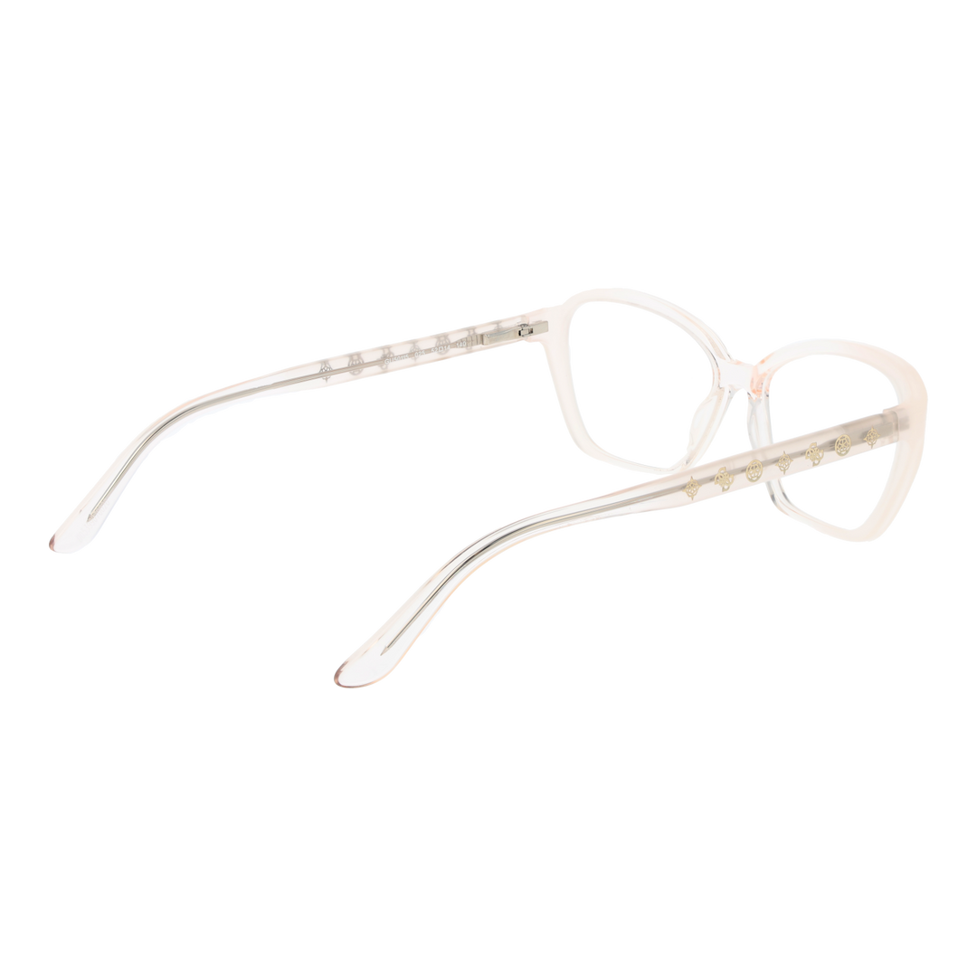 Translucent beige cat-eye eyeglasses in plastic with gold decorative symbols on temples