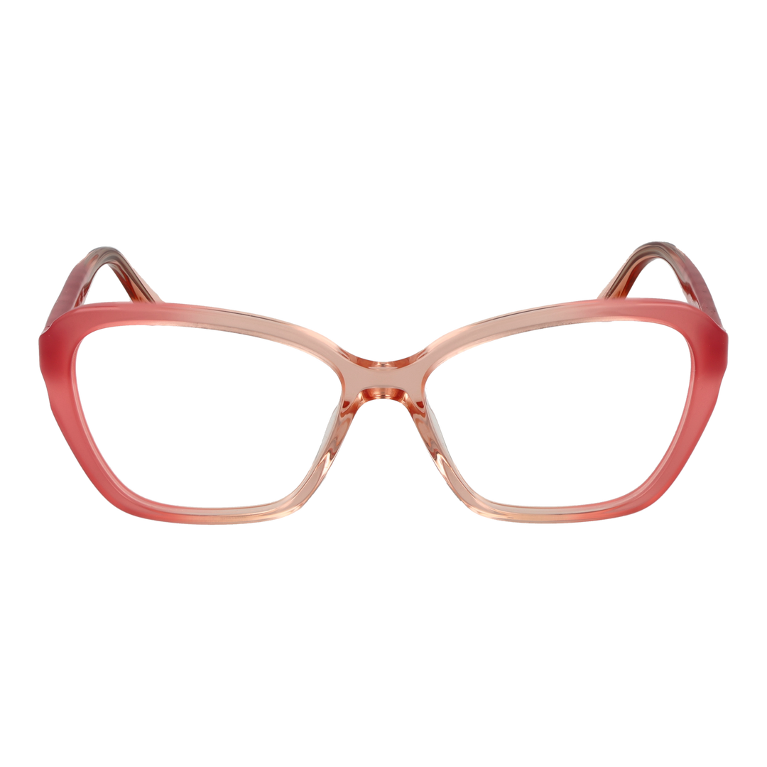 Pink gradient cat-eye eyeglasses in plastic with gold temple symbols on a clean white background