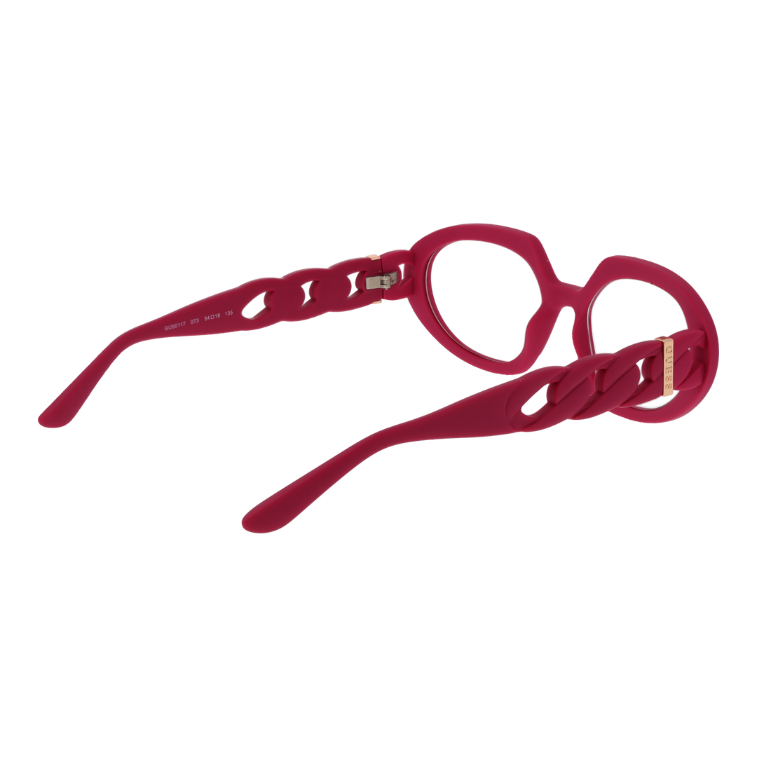 Pink plastic oval eyeglasses with chain-link temples and decorative metal rings on sides