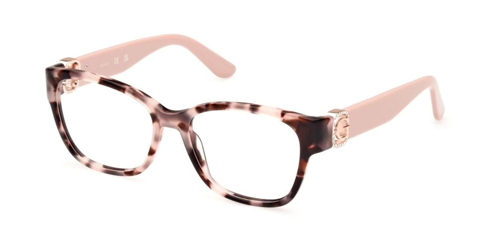 Pink tortoiseshell rectangular full-rim eyeglasses with decorative temple emblem, plastic frame, modern style