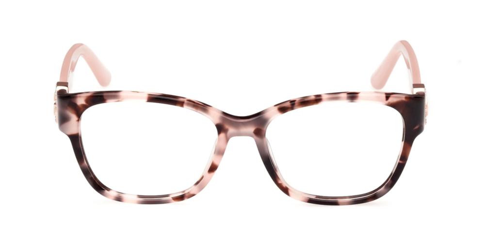 Pink tortoiseshell rectangular full-rim eyeglasses with decorative temple emblem, plastic frame, modern style
