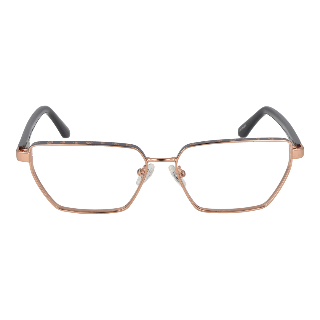 Rose gold thin metal rectangular eyeglasses with black temple tips and brand logo on temple on white background