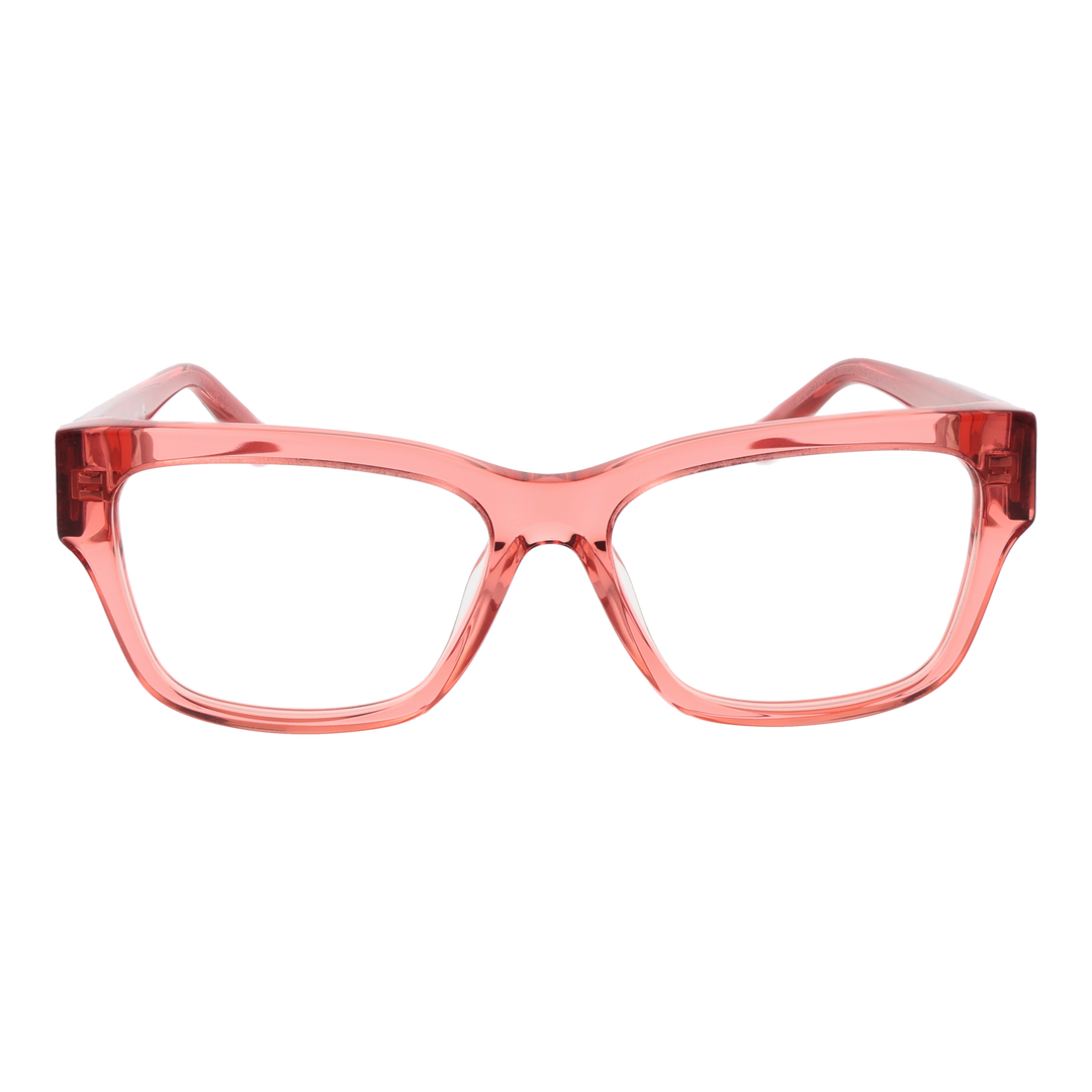 Transparent pink square eyeglasses in plastic with visible temple logo detail on a neutral background