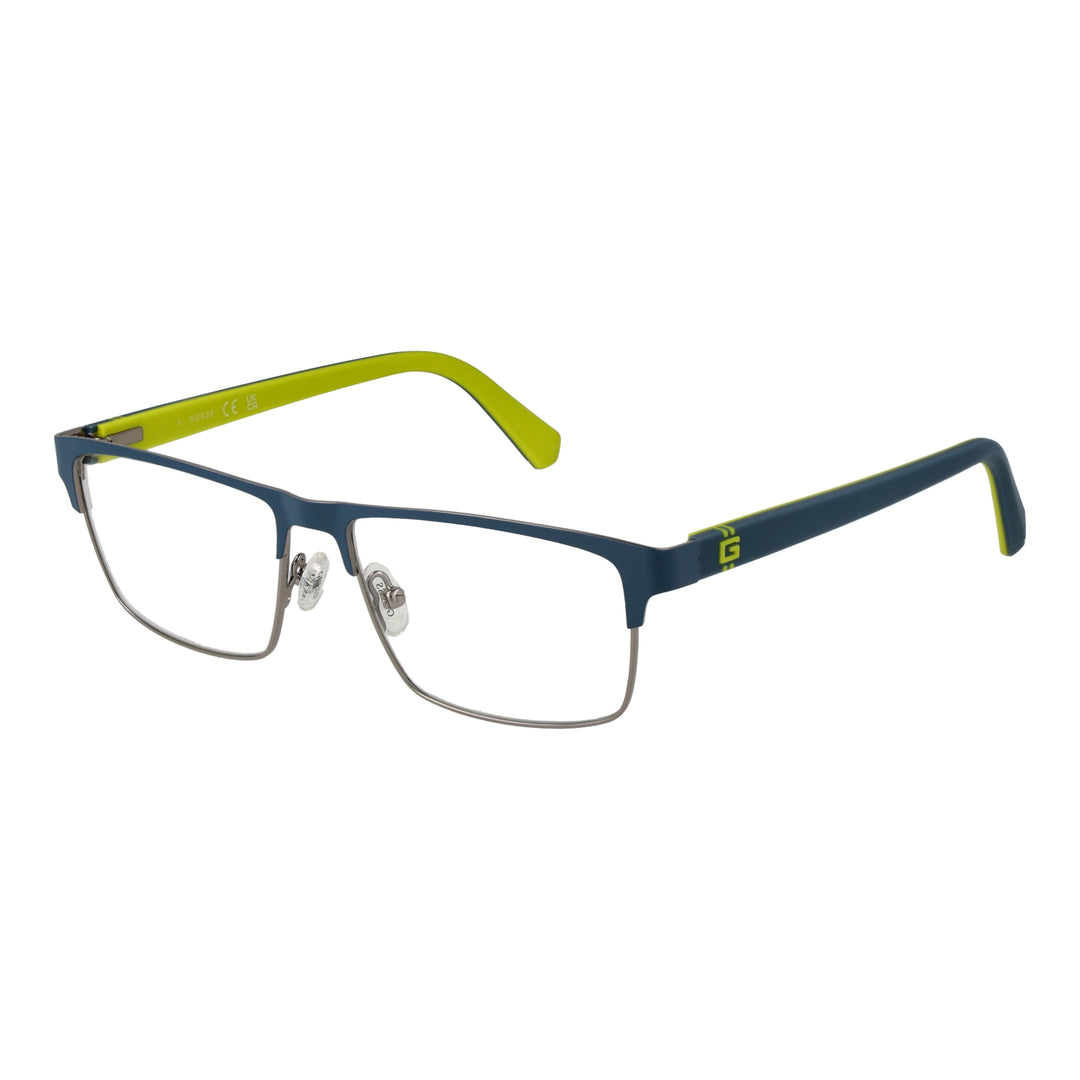Blue rectangular eyeglasses with lime-green two-tone temples, silver metal frame, adjustable nose pads