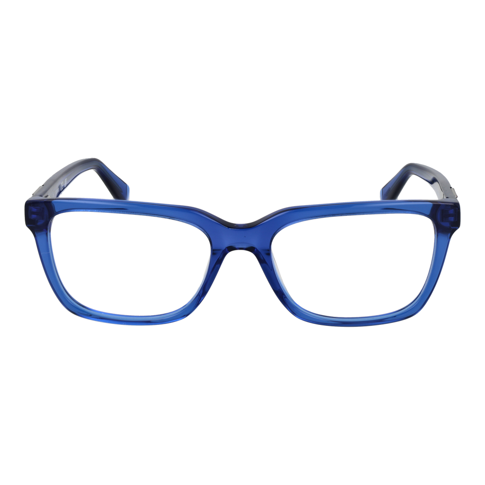 Transparent blue full-rim rectangular eyeglasses with metal logo on temples, Unisex design