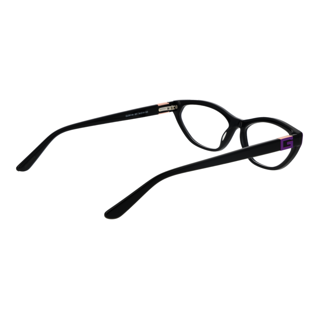 Black cat-eye eyeglasses for Women with purple accents and rose gold logo on temples