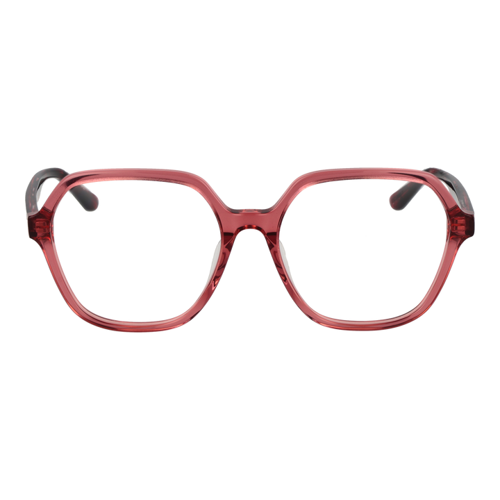 Transparent red geometric eyeglasses in plastic with decorative temple symbols on a neutral background