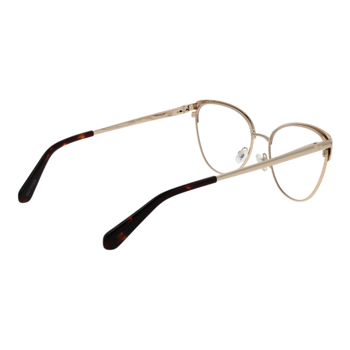 Gold metal cat-eye eyeglasses with thin black temples and adjustable nose pads on neutral background
