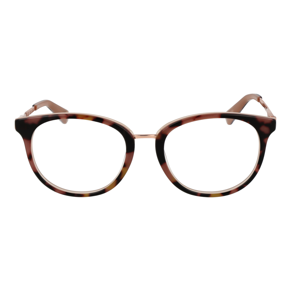 Tortoiseshell round eyeglasses with warm brown pattern and rose gold thin metal temples on white background