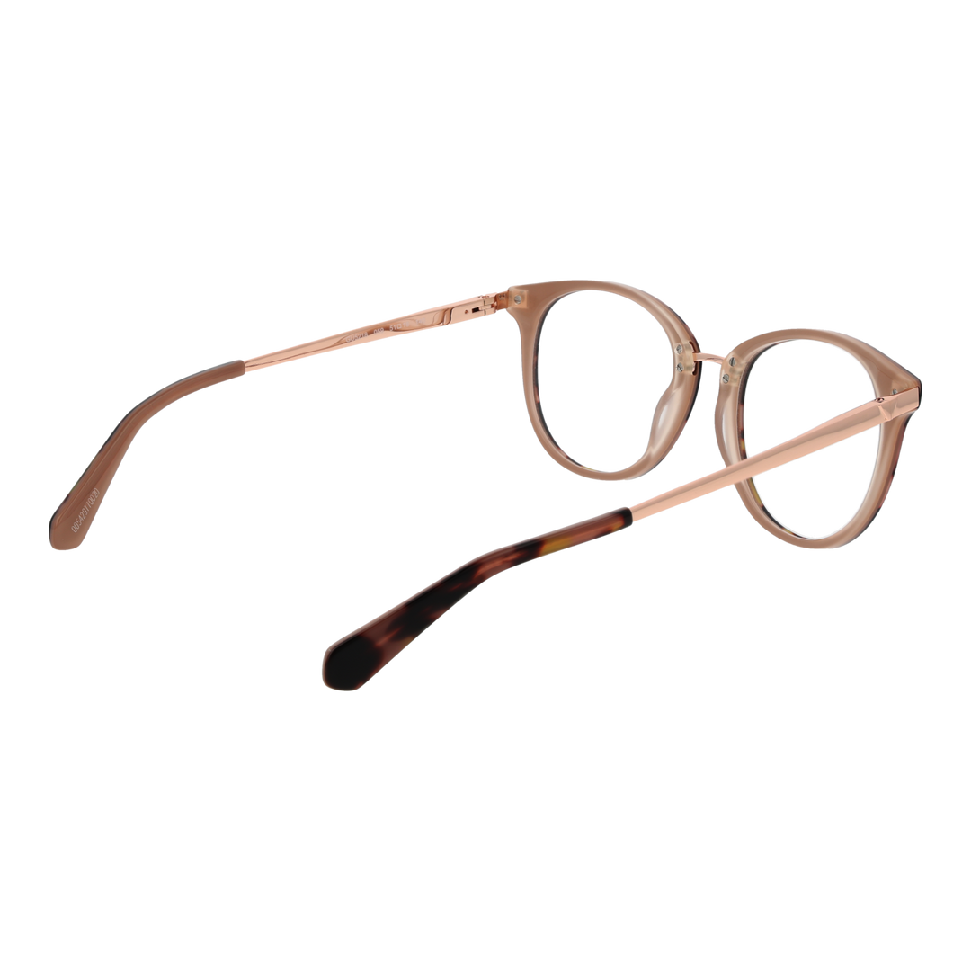 Tortoiseshell round eyeglasses with warm brown pattern and rose gold thin metal temples on white background
