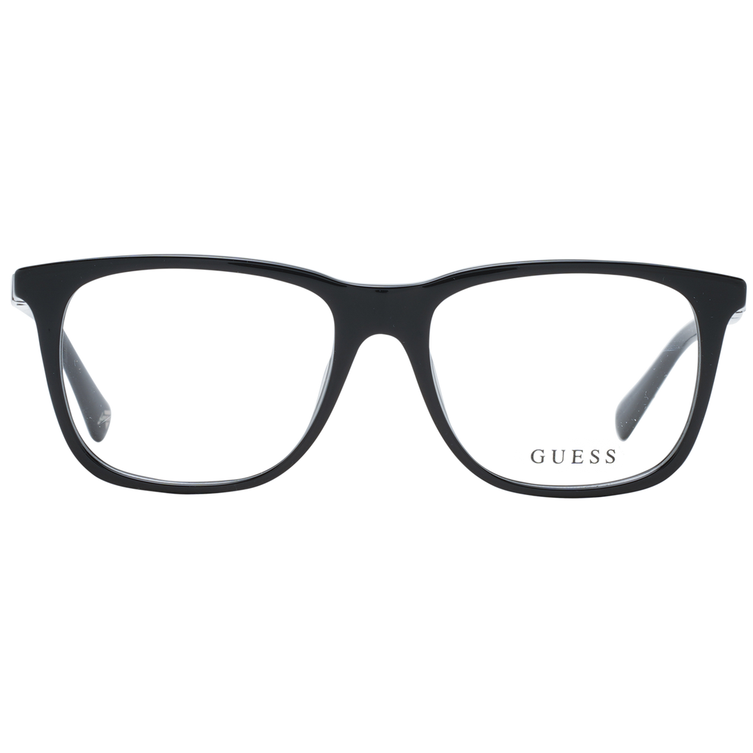 Black full-rim rectangular Unisex eyeglasses in plastic with logos on lens and temples on white background