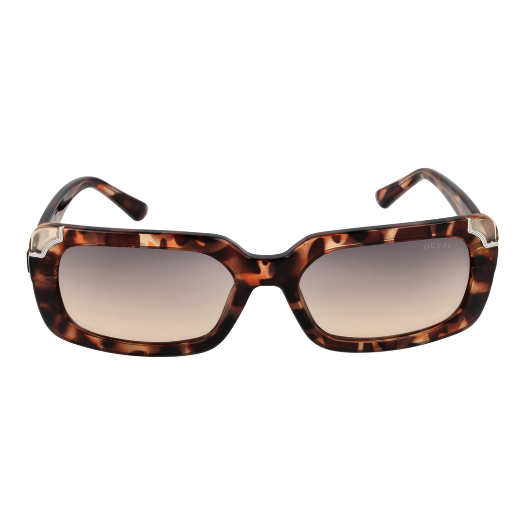 Tortoise brown rectangular sunglasses with gradient lenses and metallic corner accents, Guess logo on temple and lens