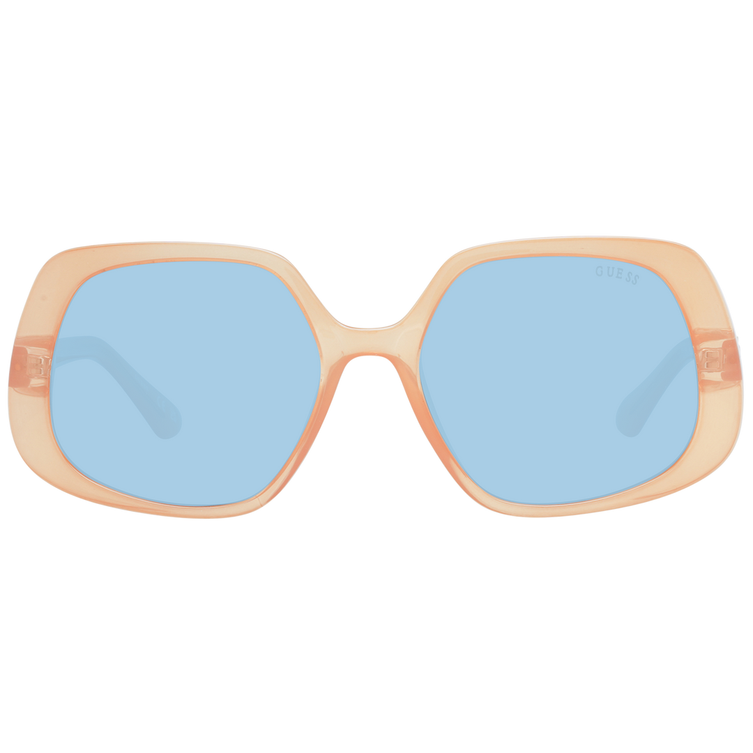 Transparent peach and blue square sunglasses on white background with metal &