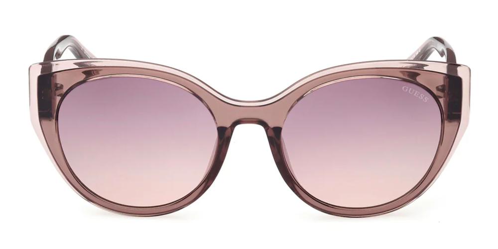 Pinkish purple retro cat-eye sunglasses on white background with gradient lenses and &