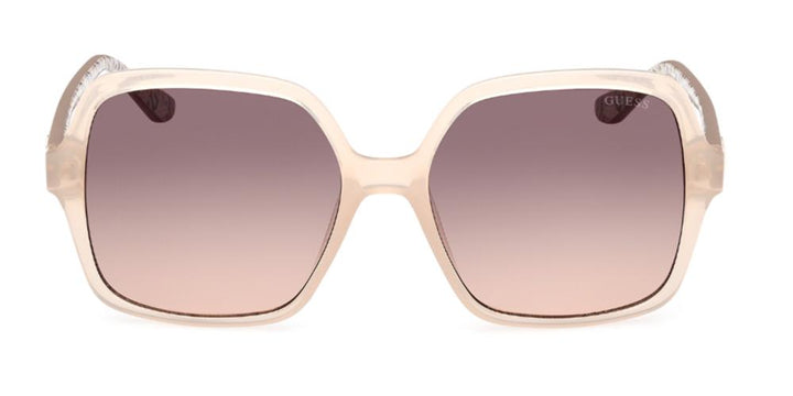 Beige oversized square sunglasses with gradient brown lenses and logo temples on a neutral background