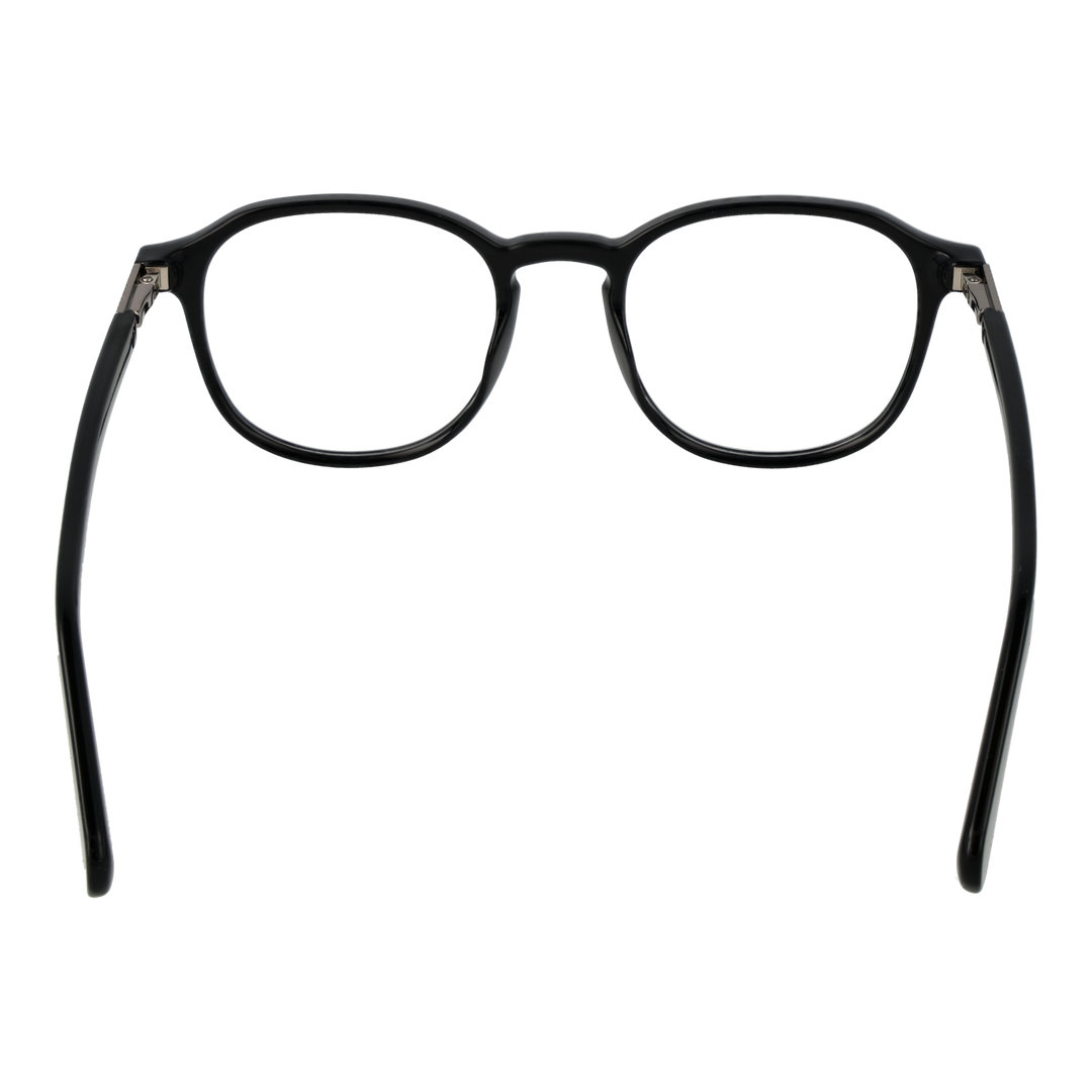 Unisex black round eyeglasses with plastic frame and metal-accent temples on white background
