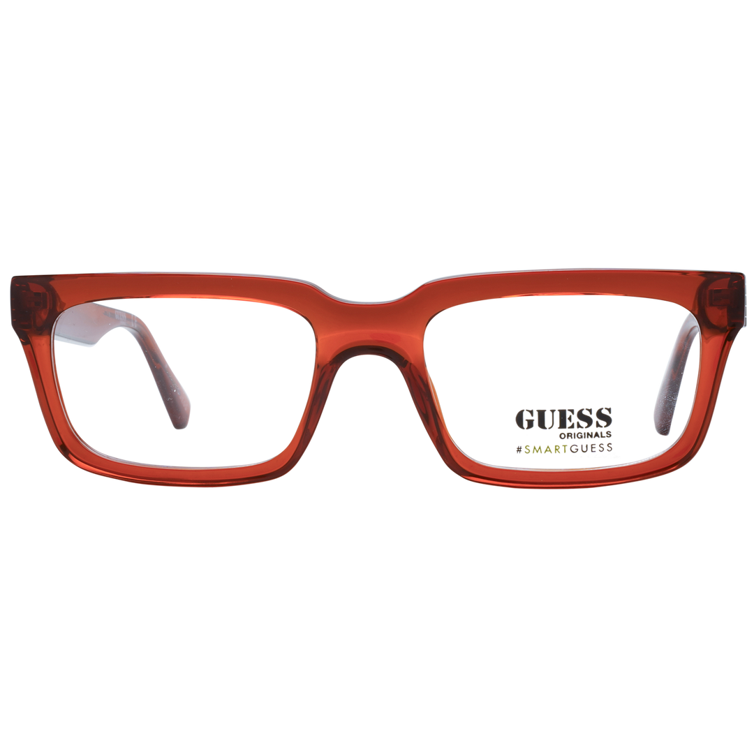 Unisex transparent orange rectangular eyeglasses in plastic with silver-striped temples against neutral background