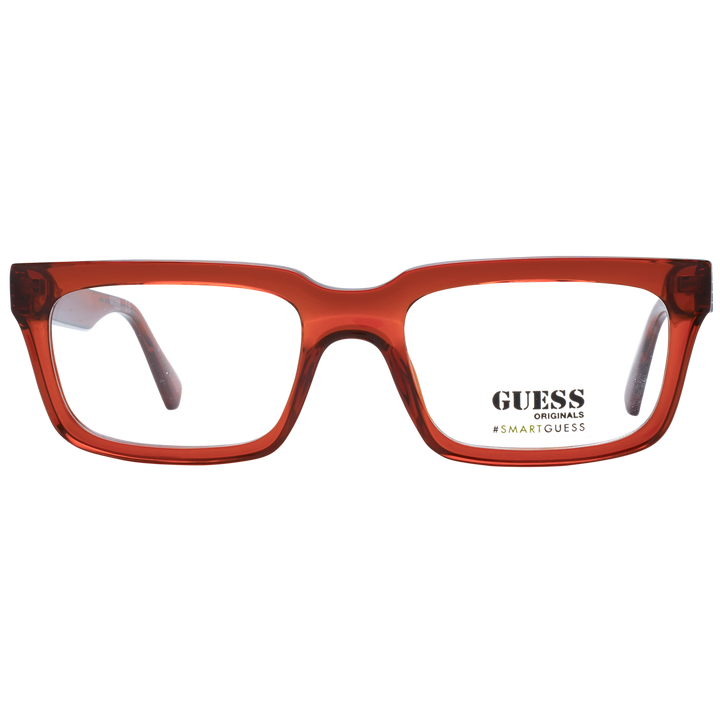 Unisex transparent orange rectangular eyeglasses in plastic with silver-striped temples against neutral background