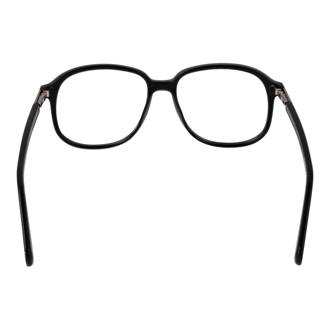 Black plastic rectangular eyeglasses with metallic hinge detail on temple, front view on white background