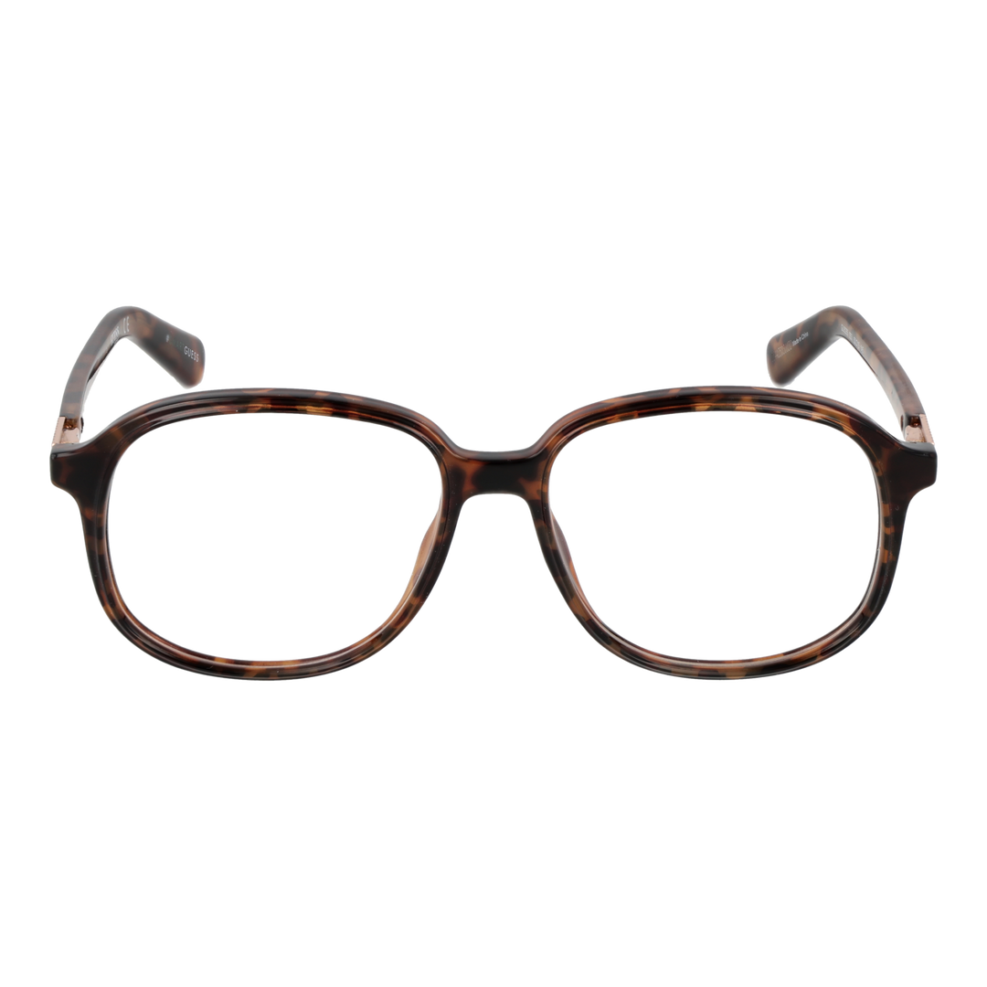 Unisex tortoise brown round eyeglasses with patterned temples and metallic accents, plastic frame frontal view