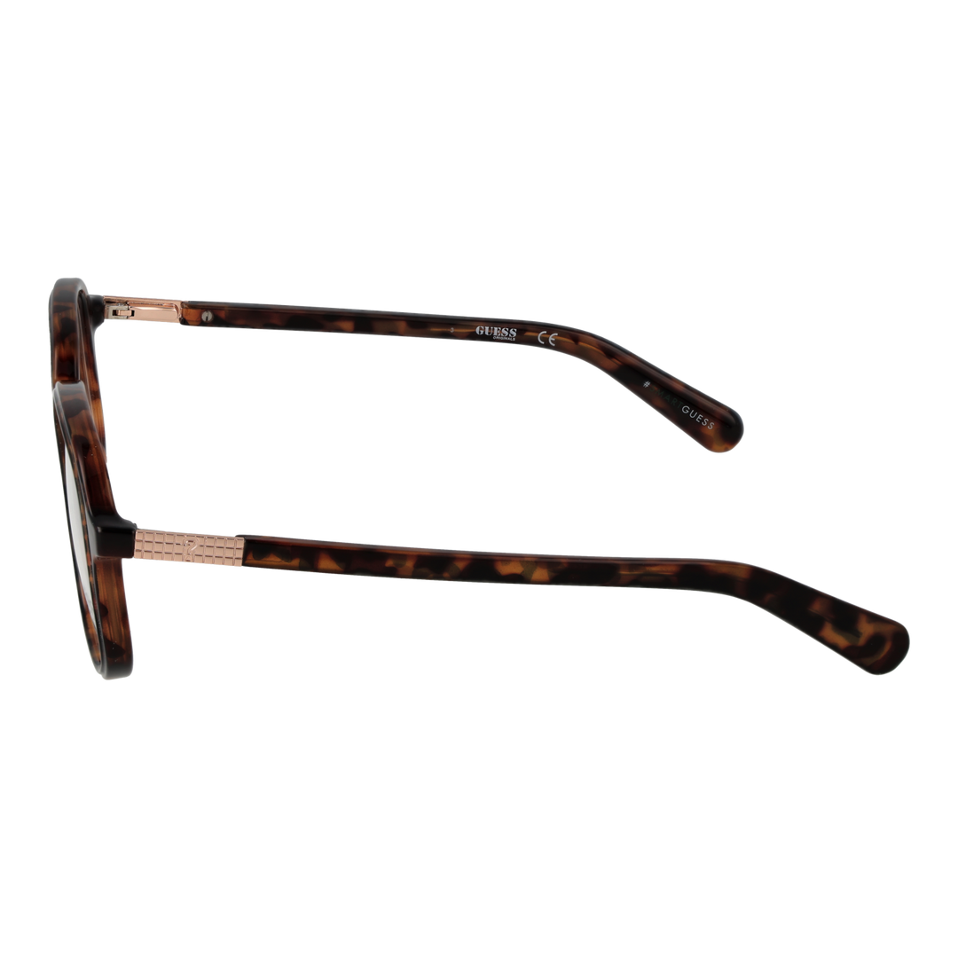 Unisex tortoise brown round eyeglasses with patterned temples and metallic accents, plastic frame frontal view