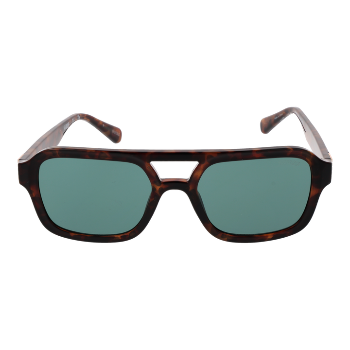 Unisex tortoiseshell square sunglasses with double bridge, gold temple accents and green lenses
