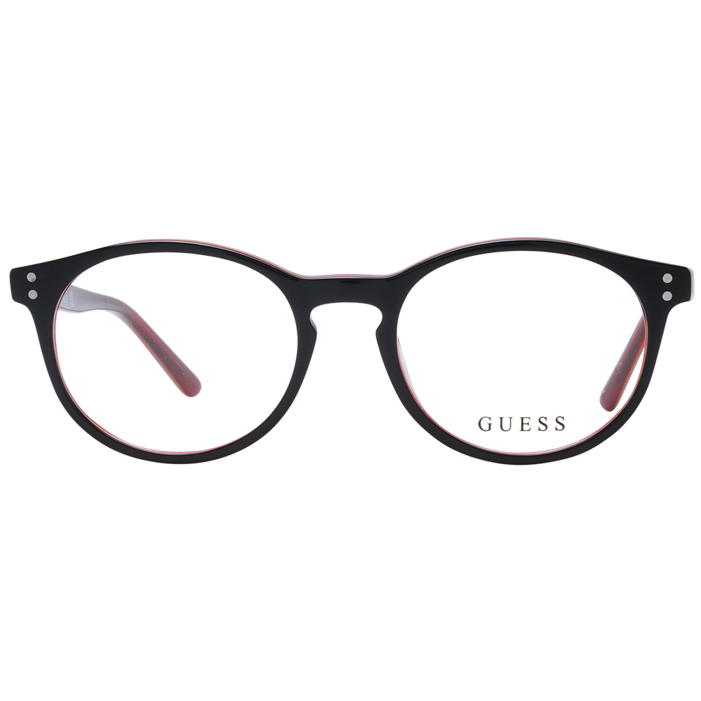 Unisex black-and-red round eyeglasses in plastic frame with silver hinge dots shown front view