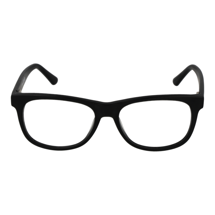 Unisex black full-rim rectangular eyeglasses in plastic on white background showing front and temple