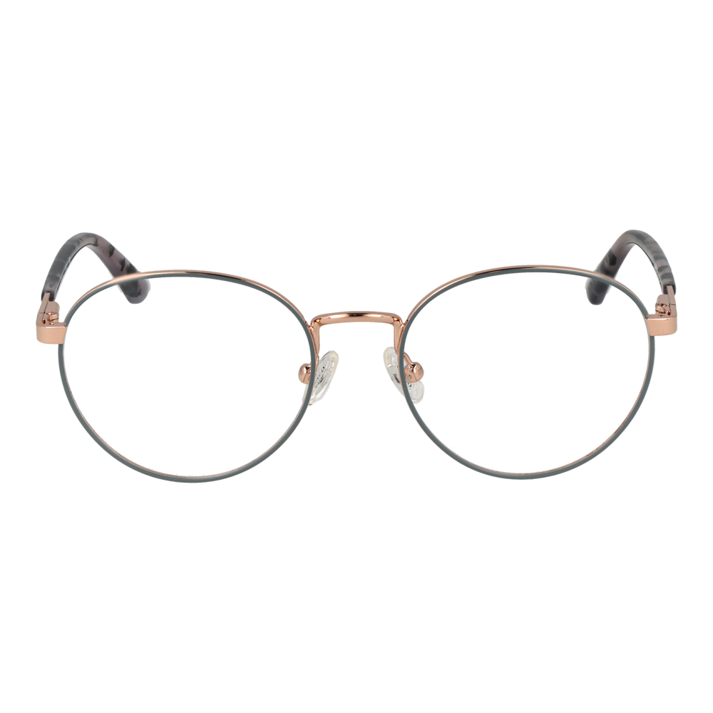 Rose gold thin metal round eyeglasses with tortoiseshell temple tips on neutral background