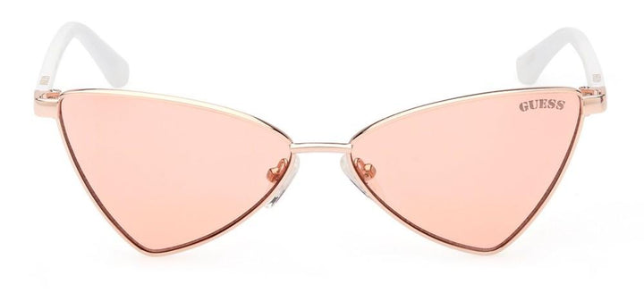 Gold cat-eye sunglasses with pink-white rims, triangular tinted lenses and thin metal frame on white background