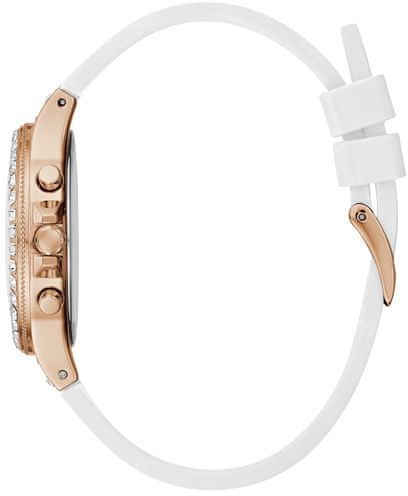 Rose gold chronograph wristwatch on white dial, crystal accents, silicone strap, luxury finish