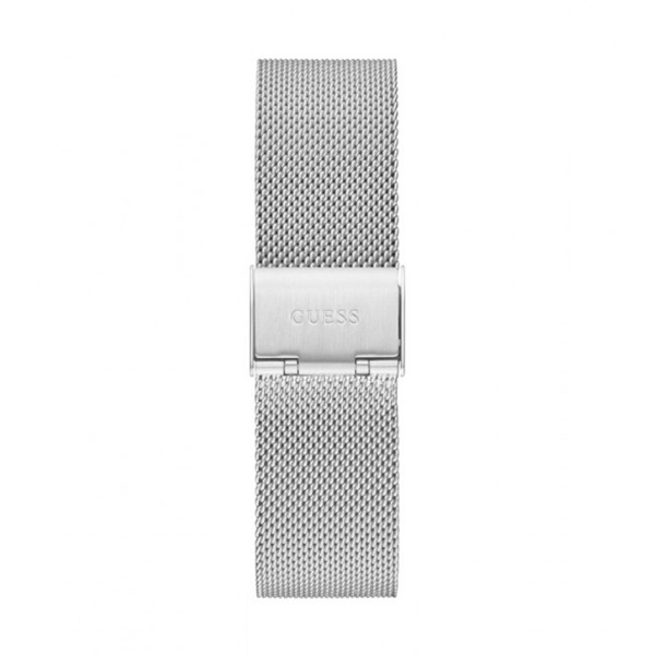 Silver stainless steel digital watch with mesh bracelet and clear day-date display, modern Unisex design