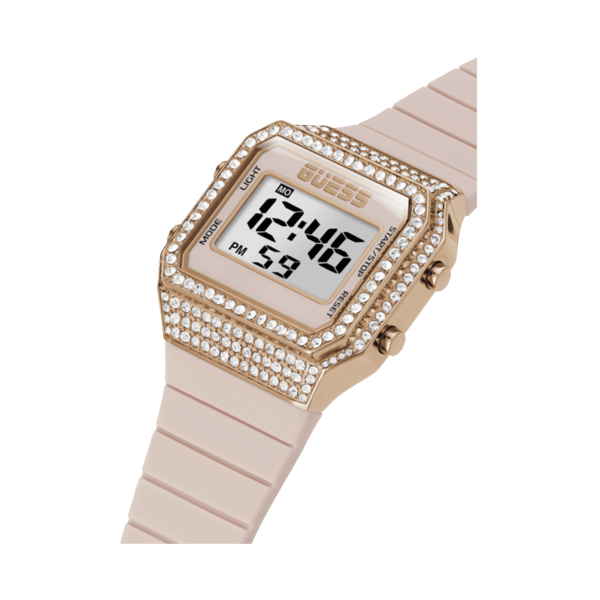 Guess digital watch for Man: rose-gold case, clear crystals, light-pink plastic strap, digital display