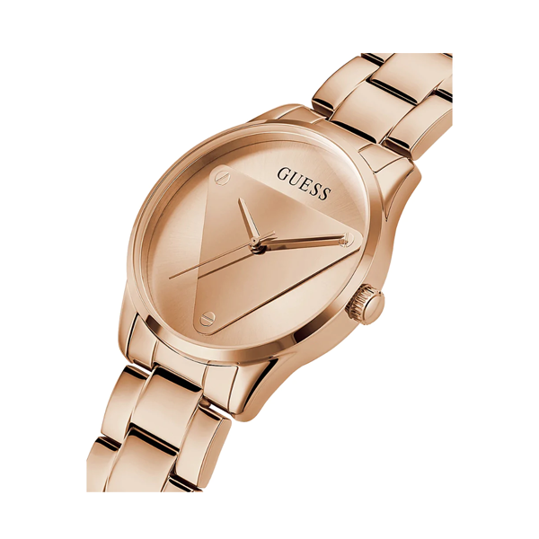 Rose gold stainless steel wristwatch on neutral background, 36mm case, mineral glass dial, adjustable bracelet