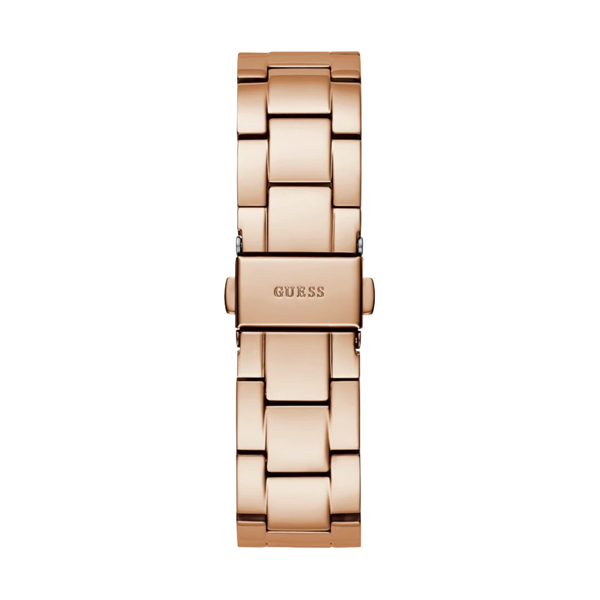 Rose gold stainless steel wristwatch on neutral background, 36mm case, mineral glass dial, adjustable bracelet