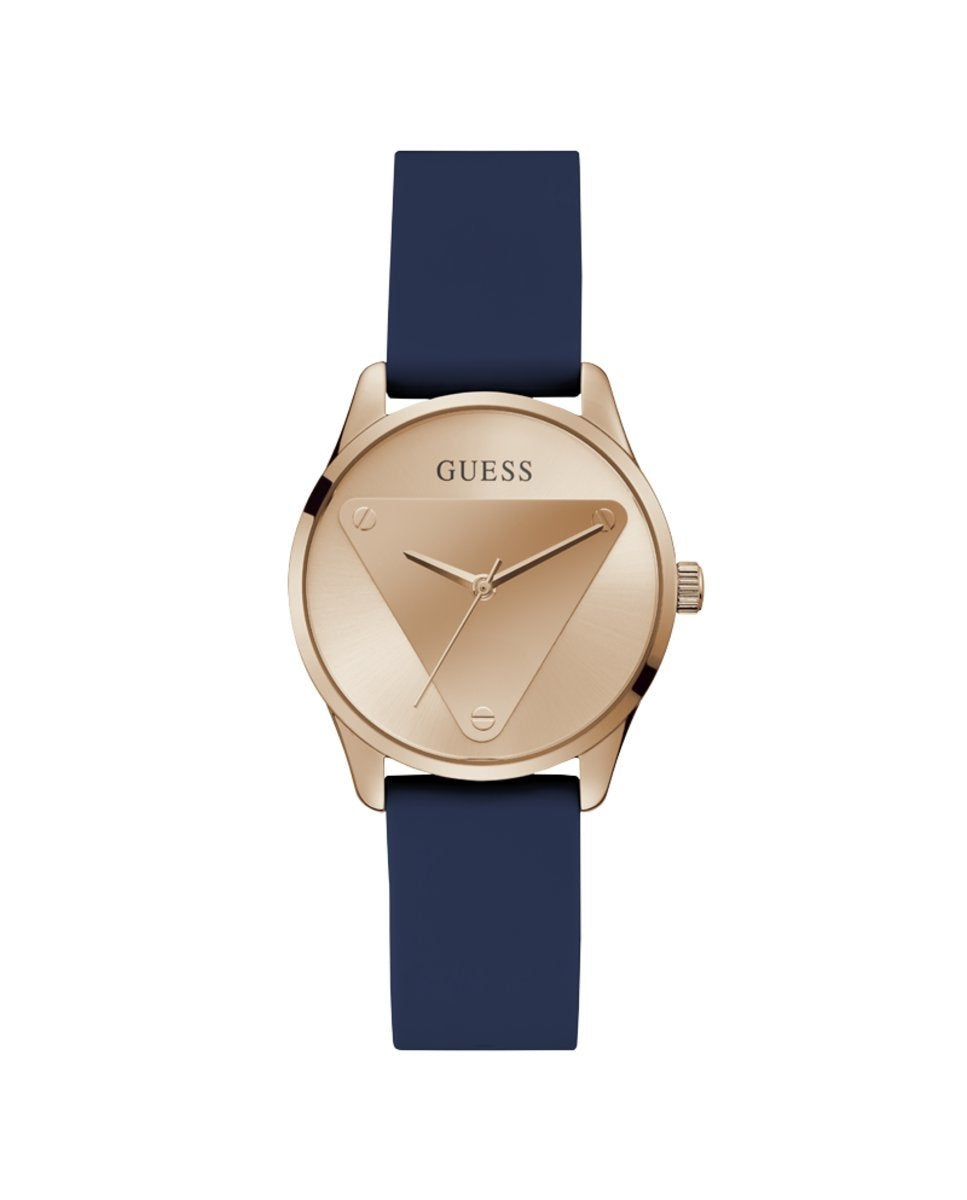 Guess rose gold wristwatch with navy silicone strap and rose gold mineral dial, front-facing on white background